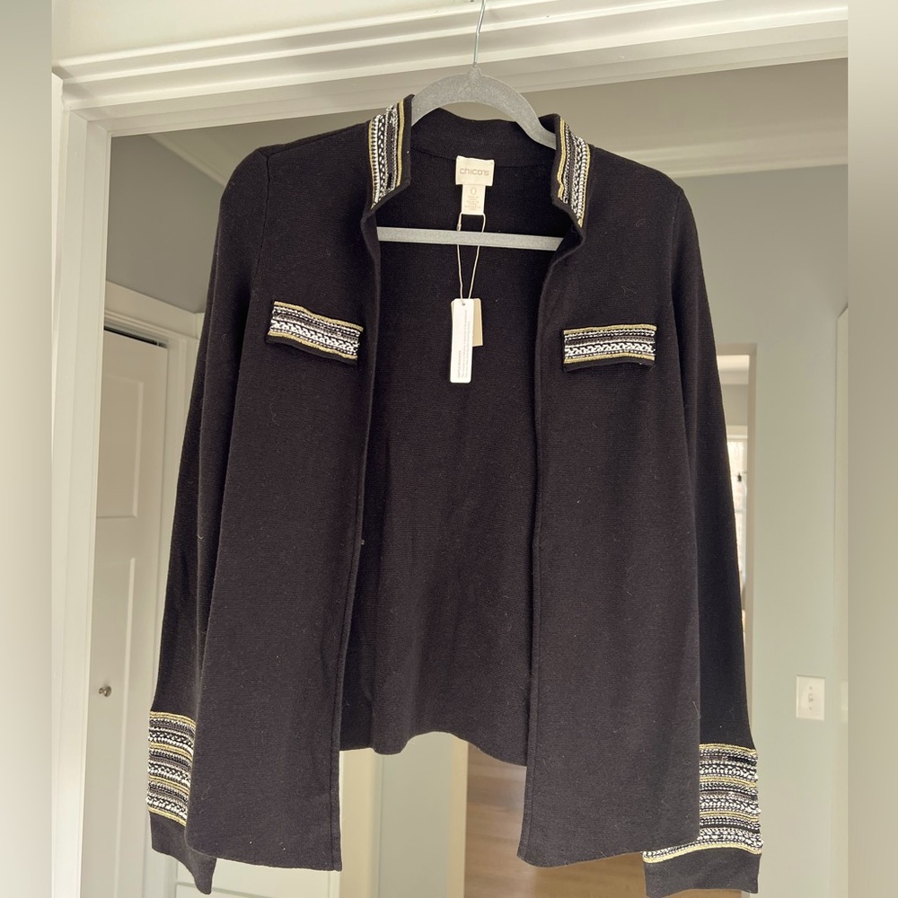 Chicos Womens Cardigan Sweater Black White Long Sleeve Notch Neck Beads (small)